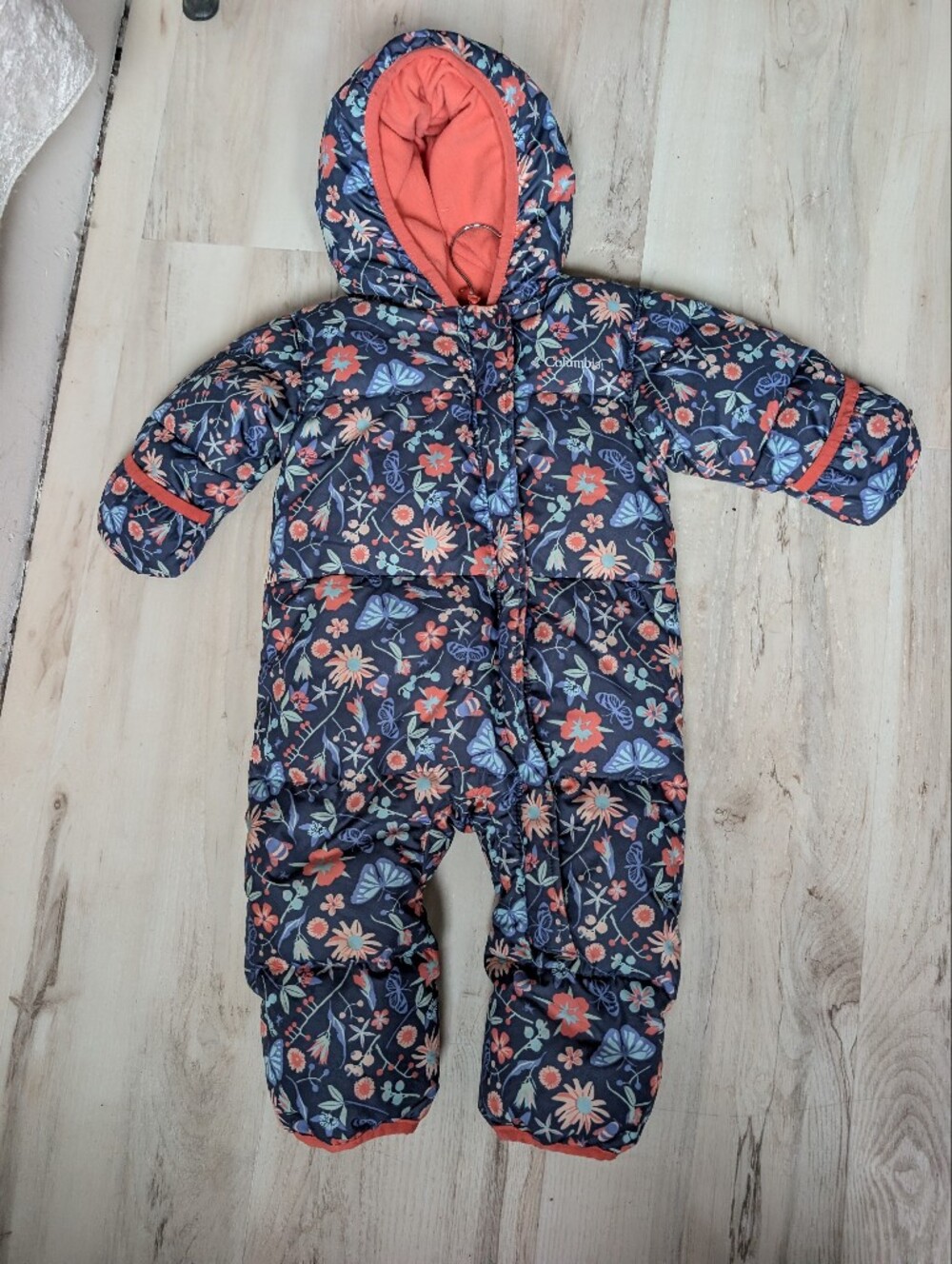 Columbia Snuggly Bunny Bunting Puffy Snowsuit Infant Floral Navy Blue Butterfly
